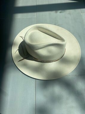 Stetson Cream Straw Rancher Hat with Brown Leather Band